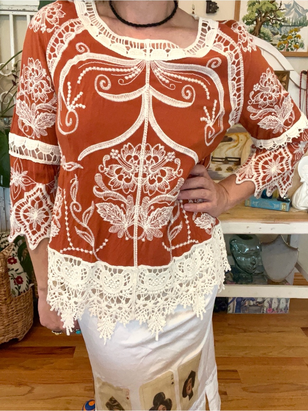 Coachella Boho Lace and Embroidered Cottagecore Blouse - Picture 2 of 9